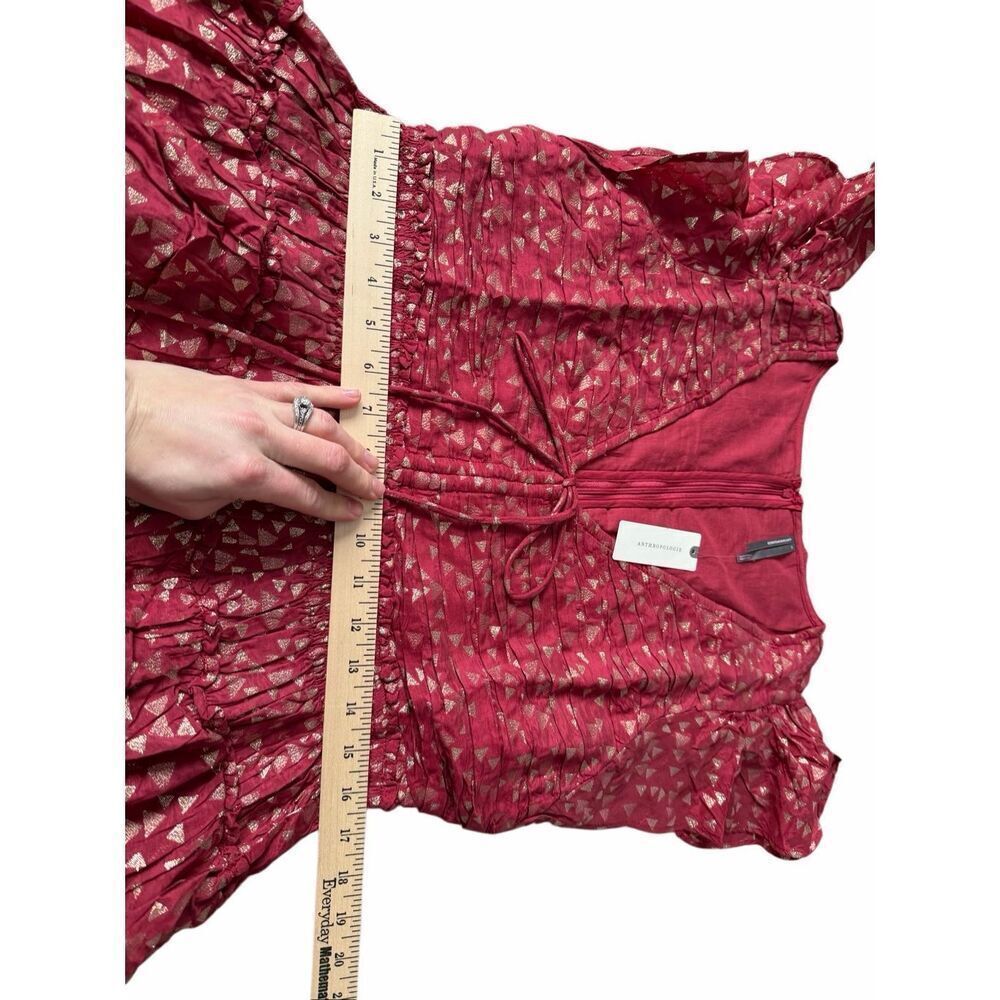 Anthropologie Mini Dress Short Sleeve Ruffled V neck Garnet Red size Large‎ - Picture 7 of 10